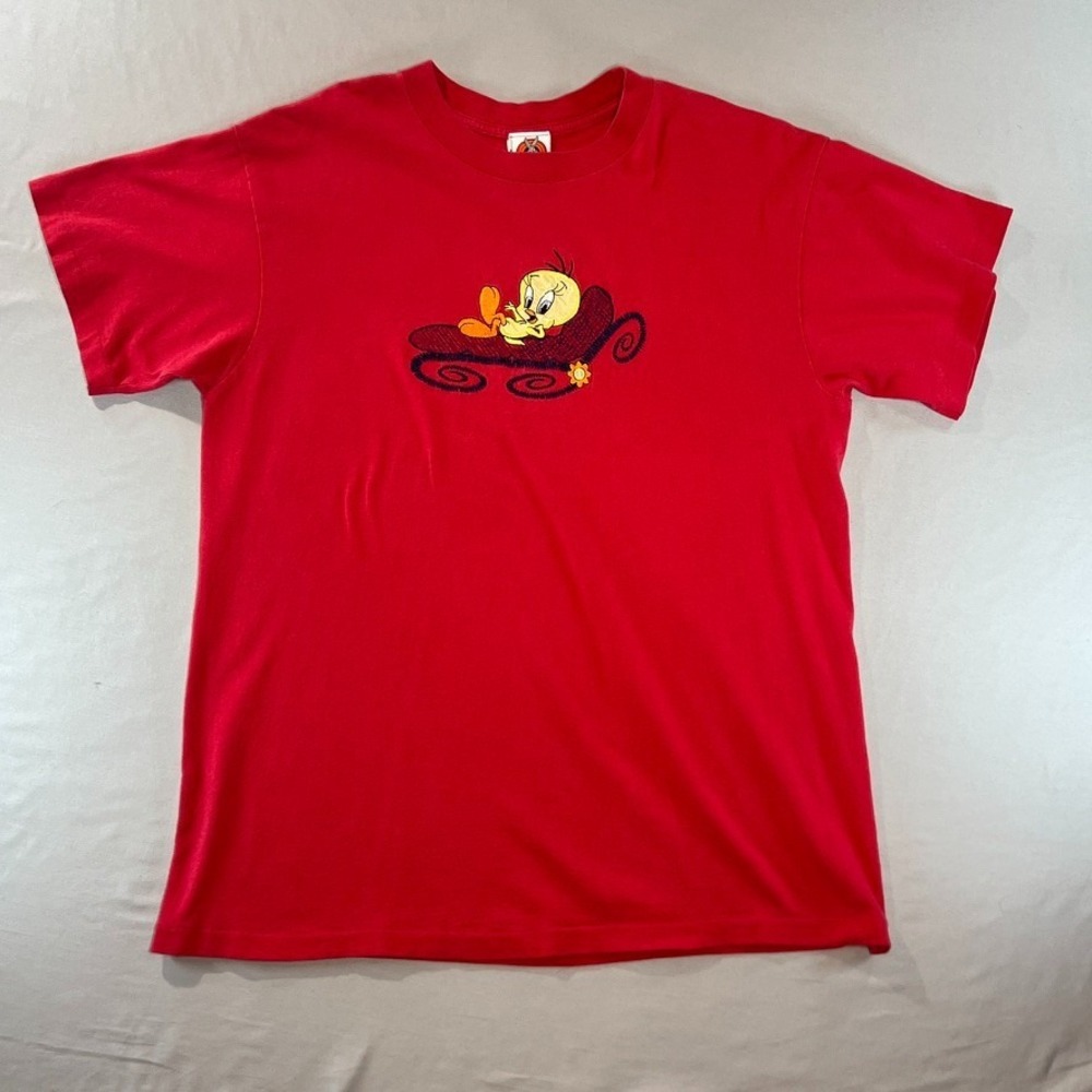Vintage 1997 Looney Tunes Tweety Bird Embroidered Red T-Shirt Anvil Tag Size L